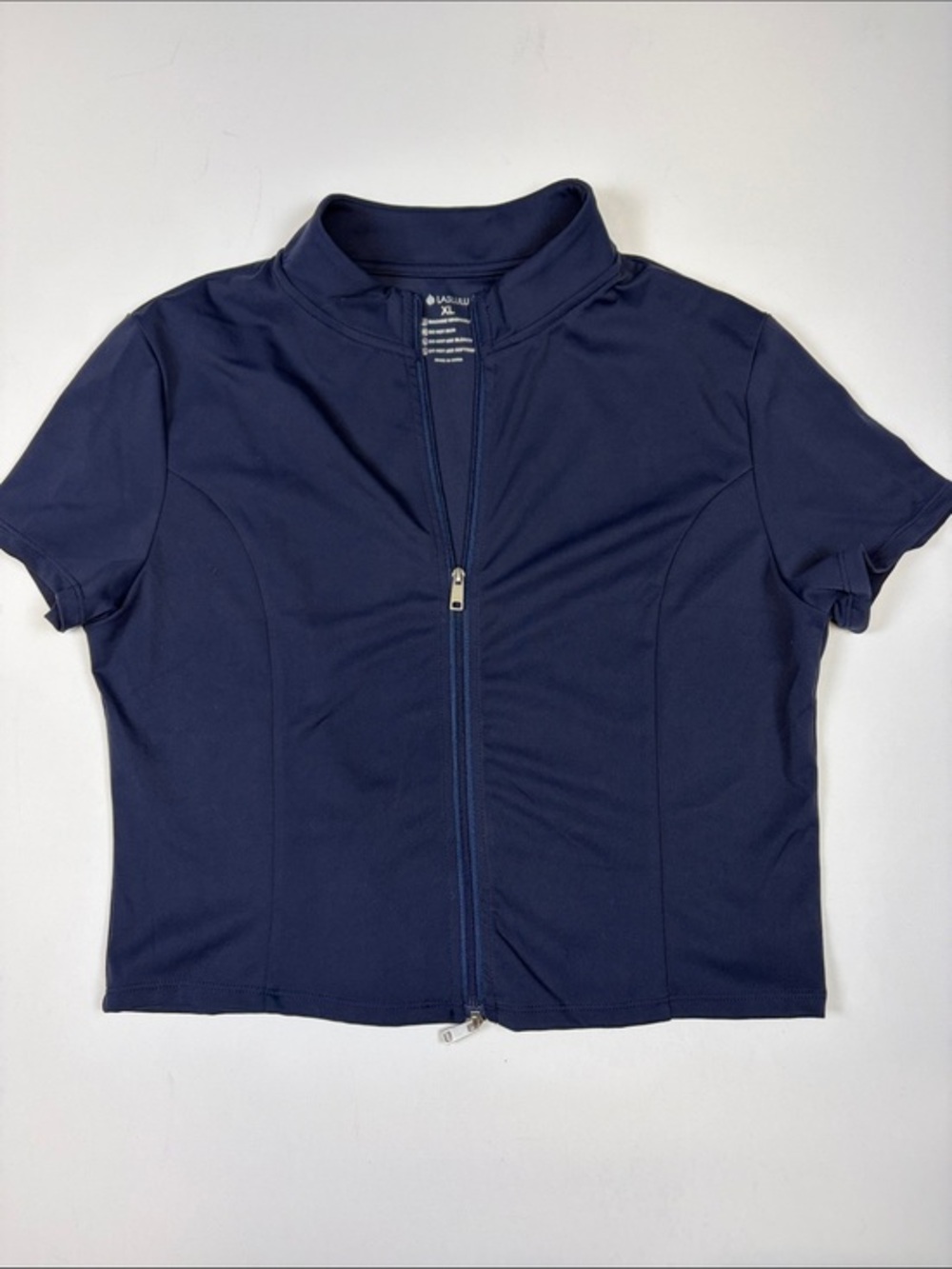 LASLULU NAVY SHORT SLEEVE ZIP FRONT ATHLETIC JACKET TOP SIZE XL